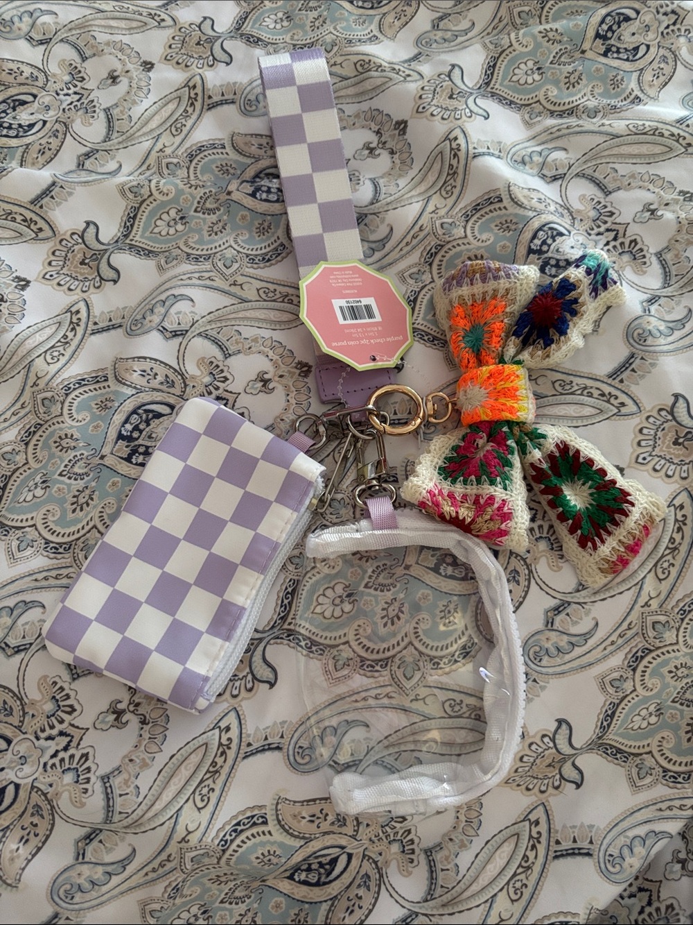 Pink Cabana Lavender Checkered Wristlet Keychain with Colorful Crochet Bow